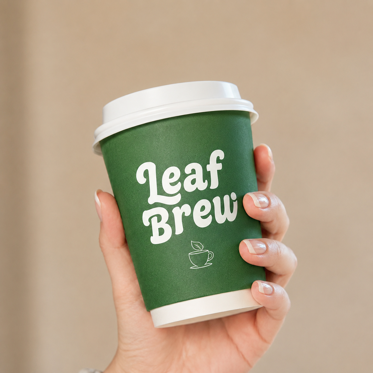 Hand holding custom printed double wall paper hot cup with white lid — fully customizable branded coffee cup