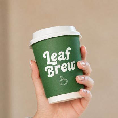 Hand holding custom printed double wall paper hot cup with white lid — fully customizable branded coffee cup