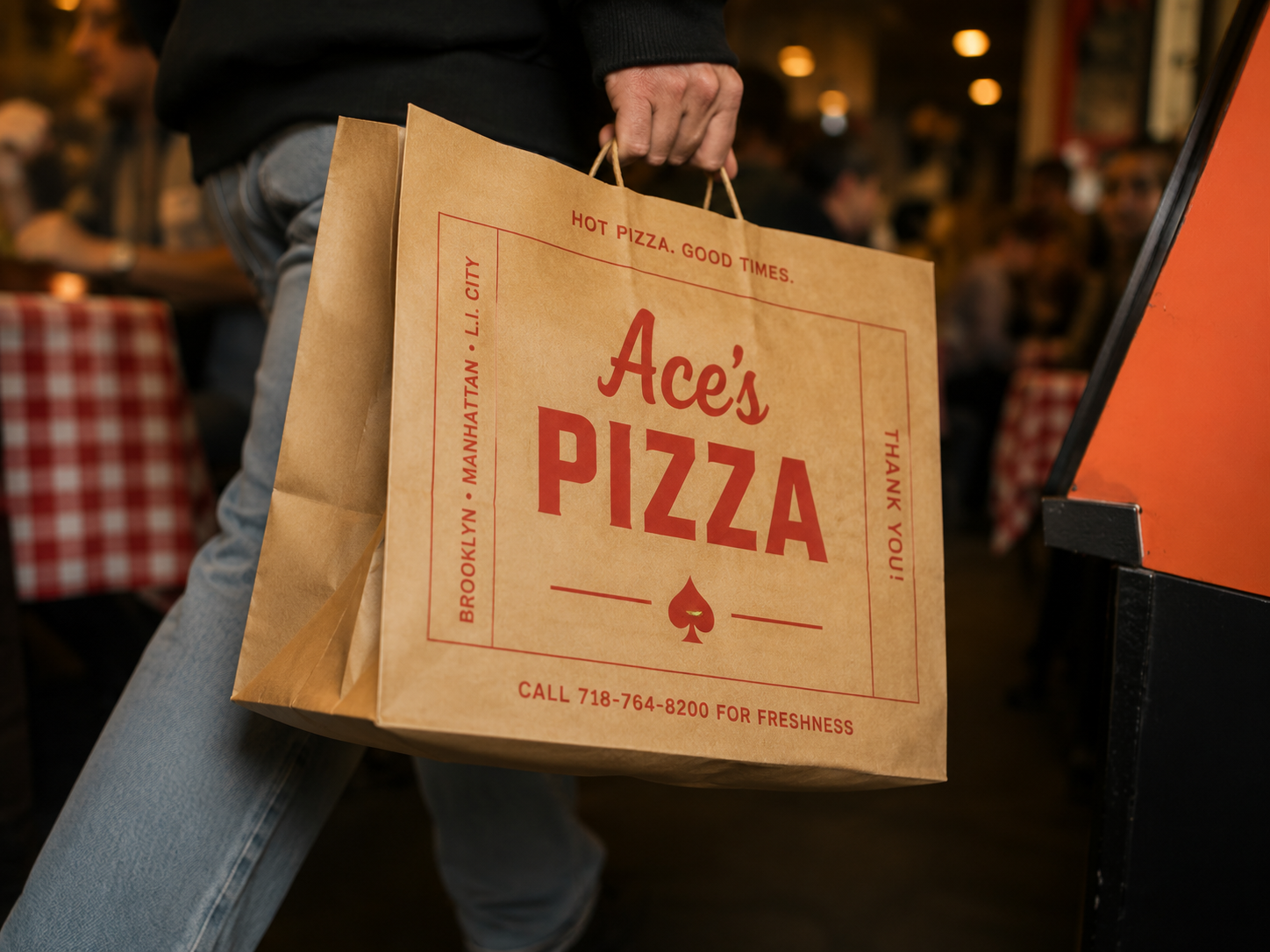 Custom printed paper bag with logo for pizza takeout and retail packaging