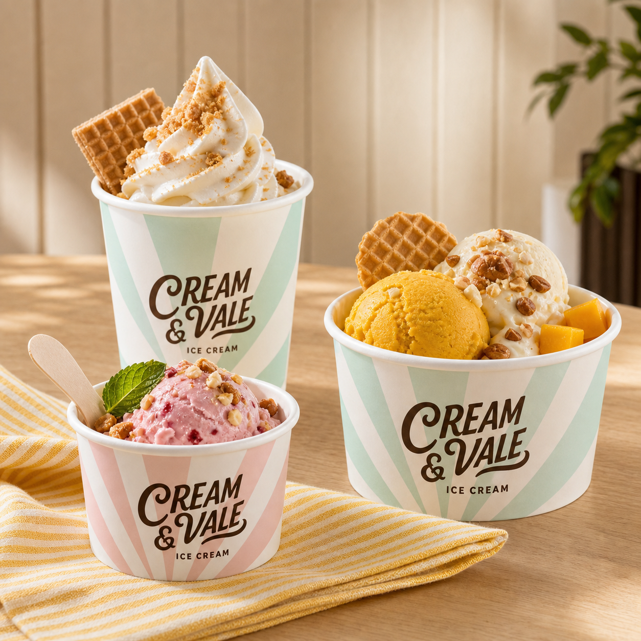 Custom printed paper dessert cups for ice cream frozen yogurt gelato and toppings