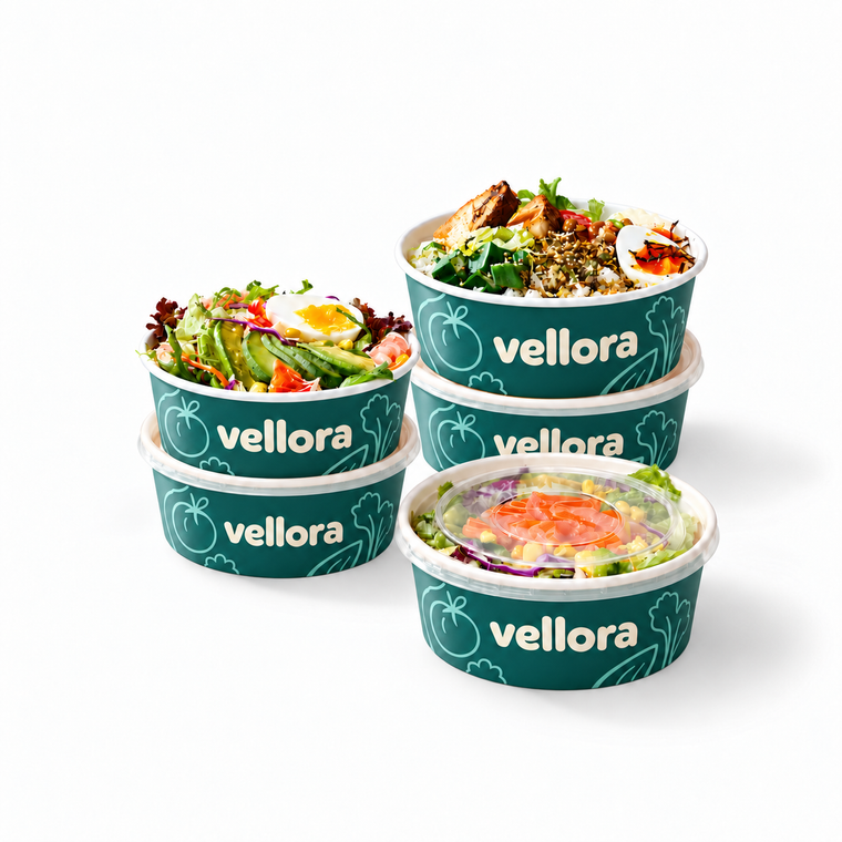 Custom printed paper food bowls filled with salads and takeaway meals
