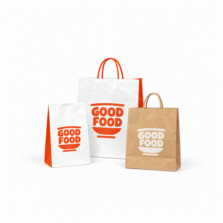 Three custom printed paper shopping bags in white and kraft finishes