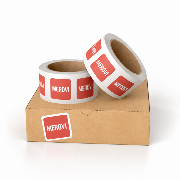 Rolls of red custom product labels displayed on a kraft box