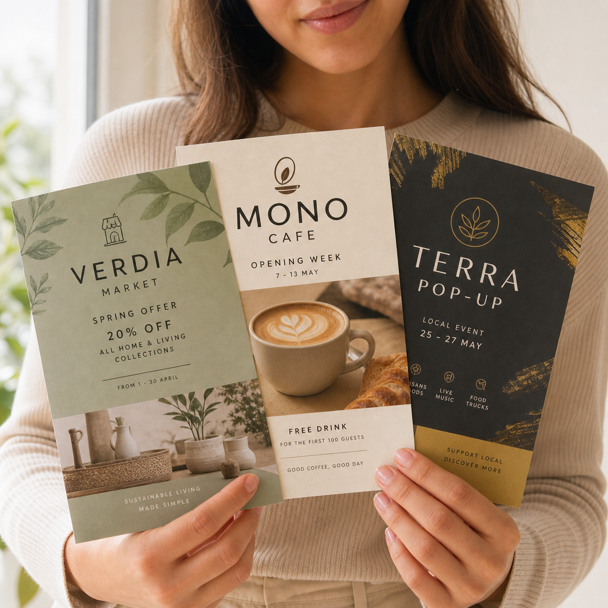 Custom promotional flyers with logo for retail marketing handouts