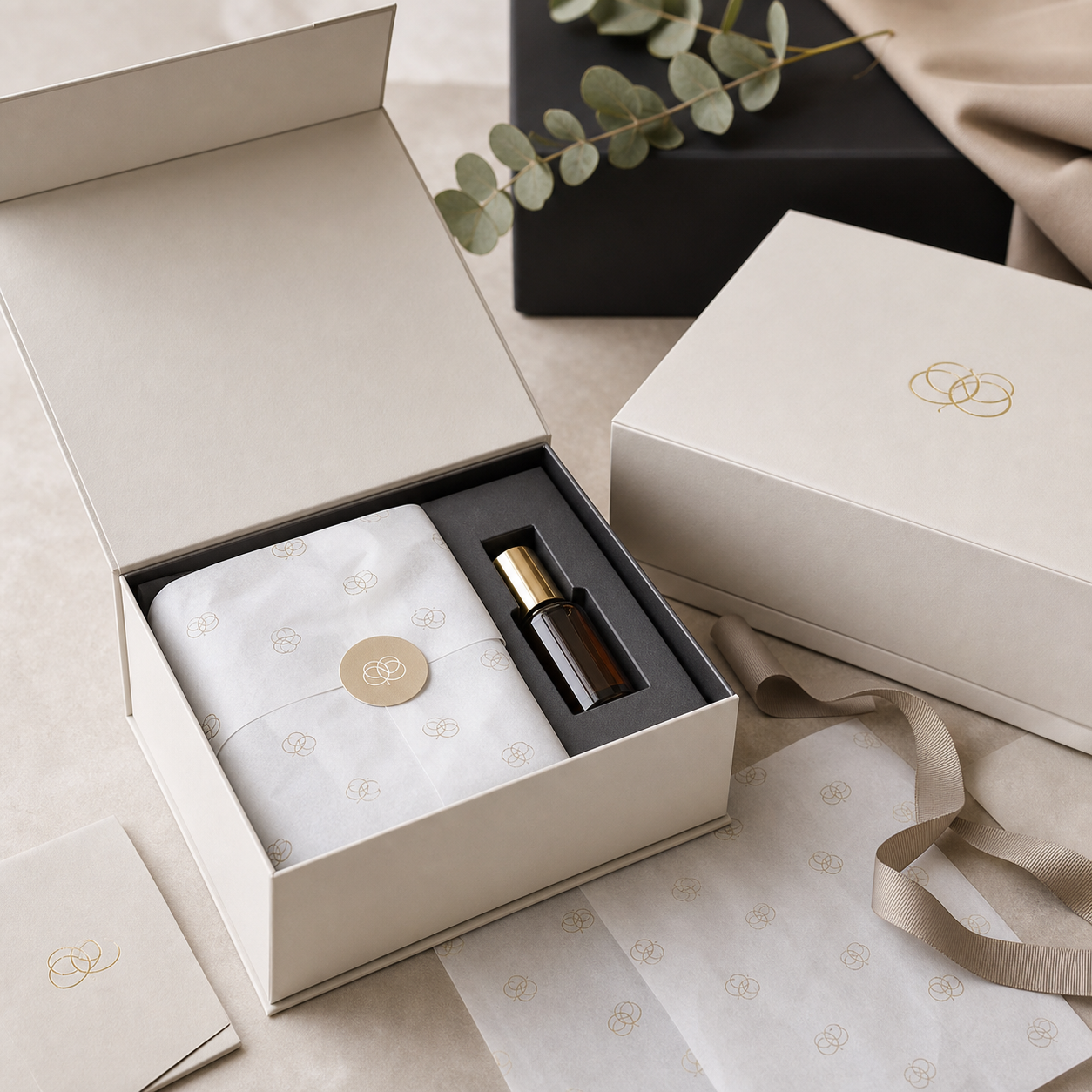 Custom rigid box material samples with foil embossing and textured paper finishes
