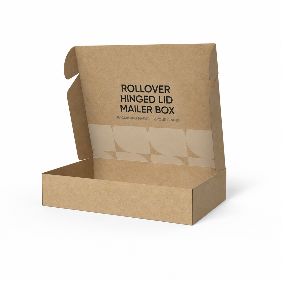 Open kraft rollover hinged lid mailer box with reinforced roll-over side edges.
