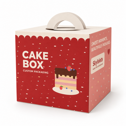 Custom printed square cake carrier box with straight walls and an integrated top handle.