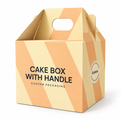 Custom printed tall gable cake box with straight walls and an integrated die-cut top handle.
