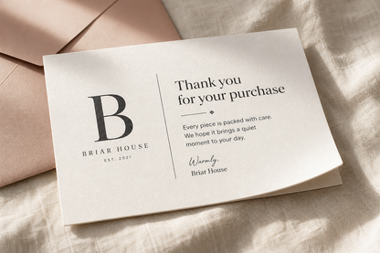 Custom thank you card with logo printed on premium 305gsm cardstock for package inserts
