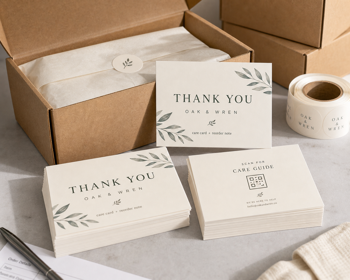 Custom thank you cards with logo stacked for ecommerce packaging and reorder notes