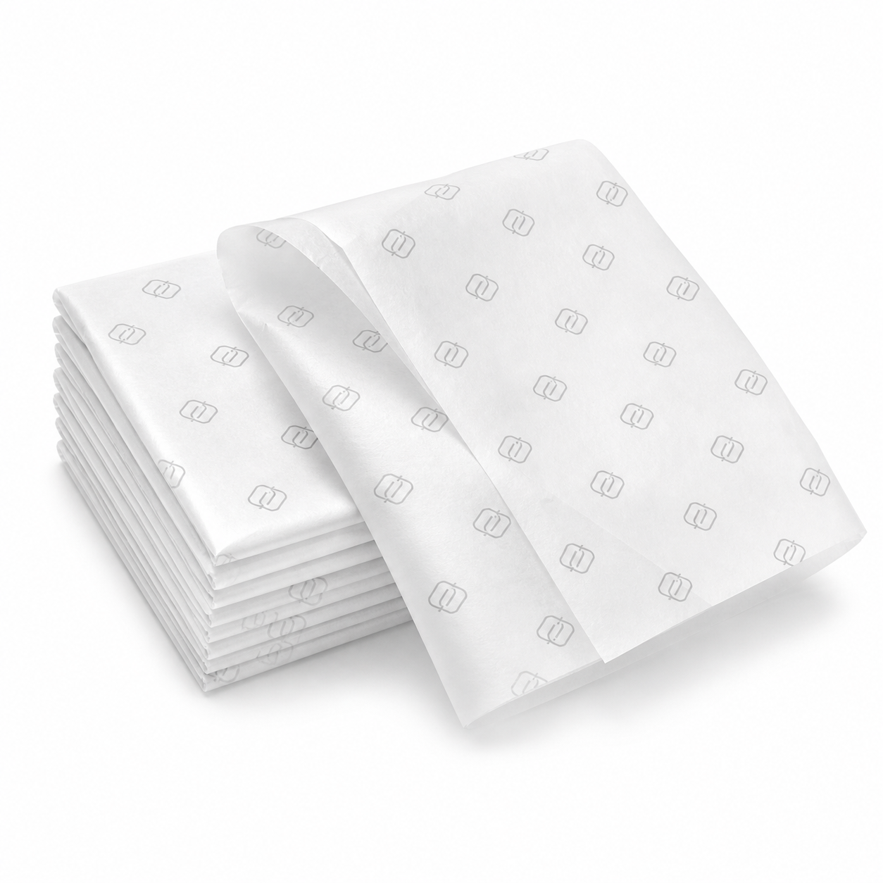 Folded custom printed tissue paper sheets with subtle logo pattern
