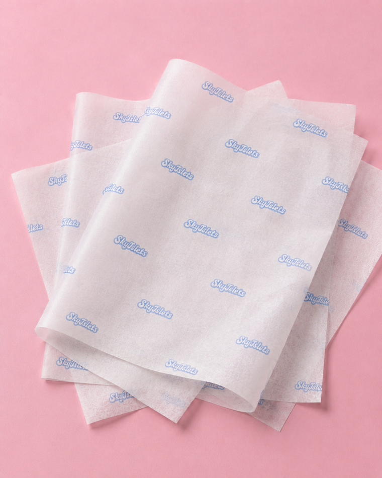 Custom printed tissue paper with Skyislets logo – branded wrapping paper for retail packaging