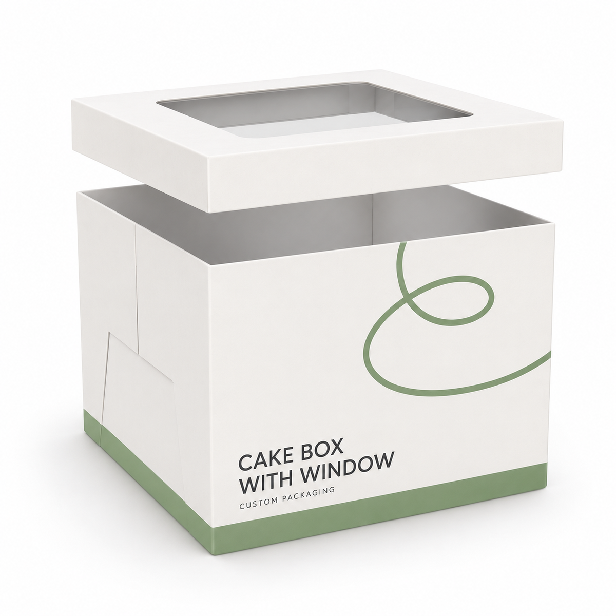 Custom white two-piece cake box with a removable lid and clear top display window.
