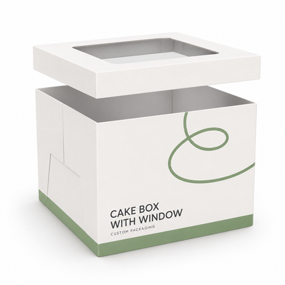 Custom white two-piece cake box with a removable lid and clear top display window.