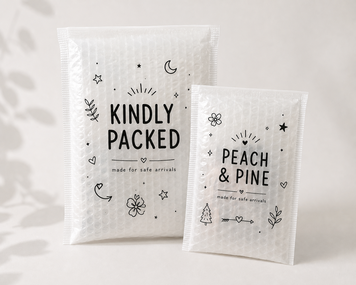 Custom white bubble mailers with logo showing transparent bubble padding for protective shipping