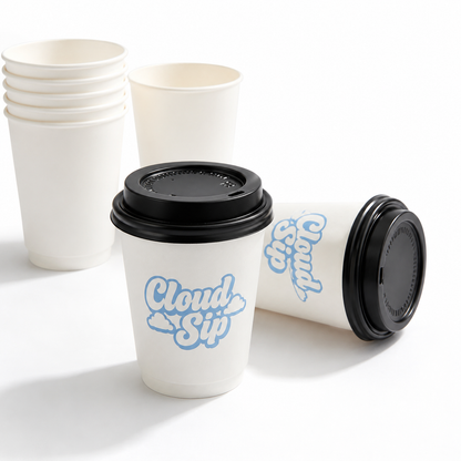 Custom white double wall insulated paper hot cup with black lid showing double wall construction detail