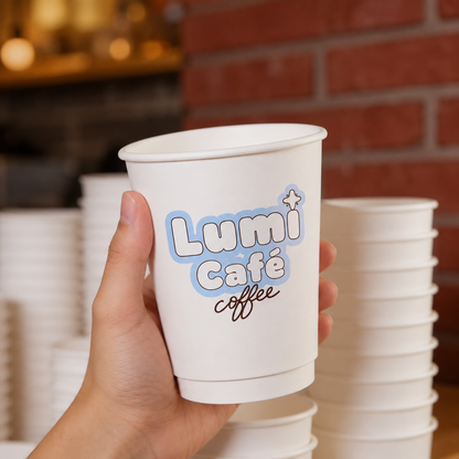 Hand holding custom printed white double wall paper coffee cup in cafe — branded insulated hot cup for restaurants