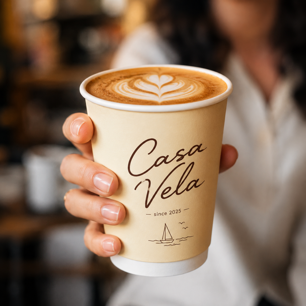 Custom printed white double wall paper hot cup held in cafe with latte art — branded coffee cup for coffee shops