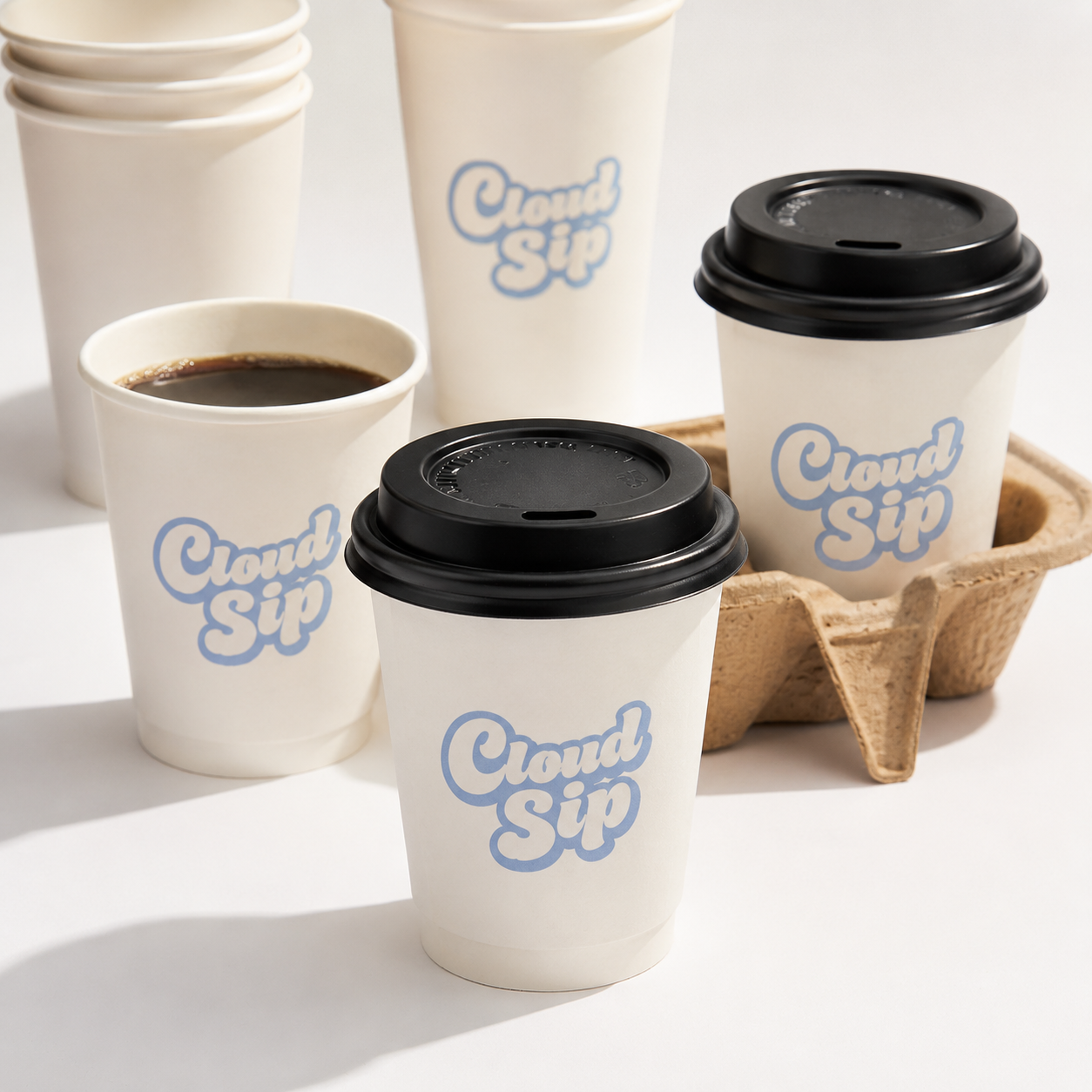 Custom branded white double wall paper hot cups with lids and cup carrier — insulated takeaway coffee cups