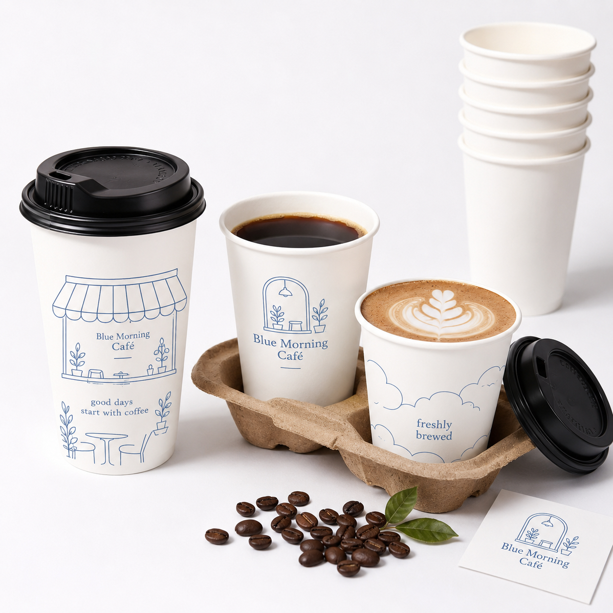 Custom white double wall paper hot cups with branded multi-color logo print — insulated coffee cups for cafes and restaurants