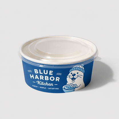 Custom white paper bowl with clear lid and blue logo print for food delivery packaging