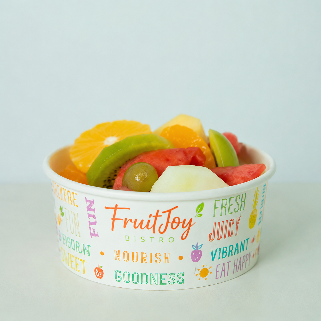 Custom white paper bowl with colorful print for fruit salad and dessert packaging