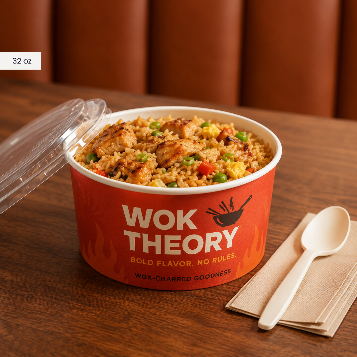 Custom white paper bowl for hot meal takeout with full color restaurant branding