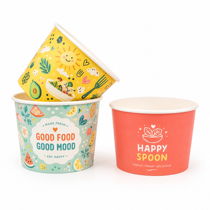 Custom white paper bowls with colorful brand printing for foodservice packaging