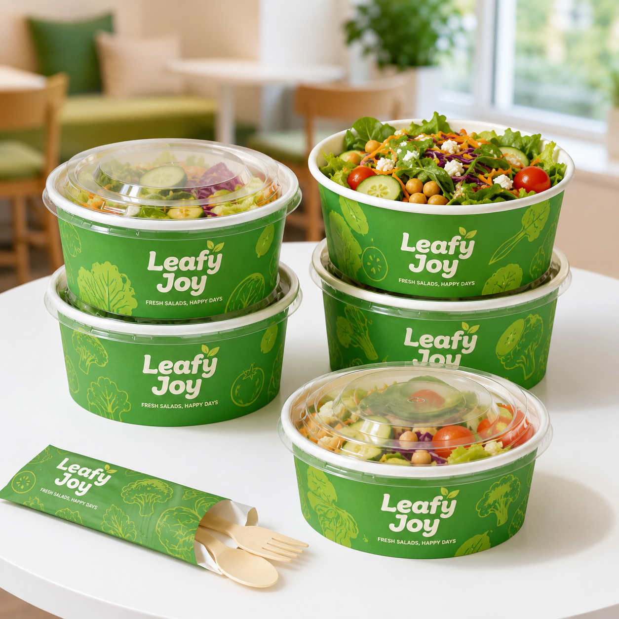Custom white paper bowls with clear lids and logo print for salad and meal prep packaging