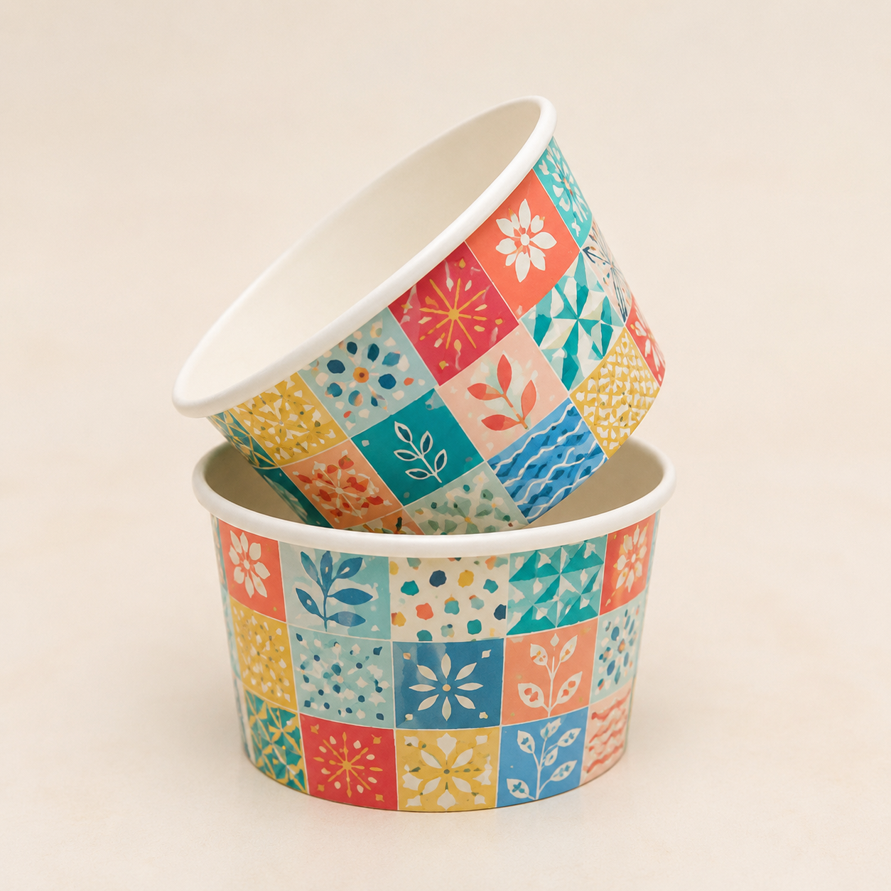 Stack of custom white paper bowls with full color pattern print for restaurant branding