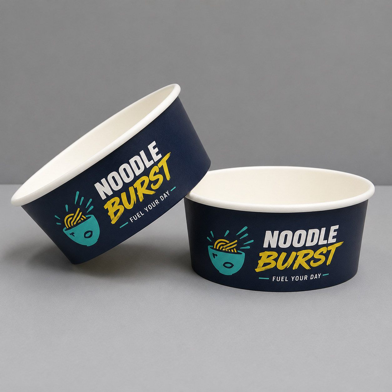 Custom white paper noodle bowls with logo print for hot food takeout