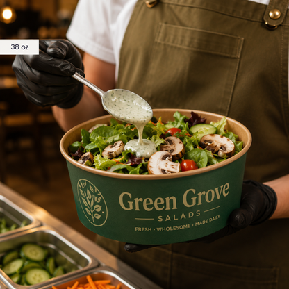 Custom white paper salad bowl with logo print for restaurant and catering service