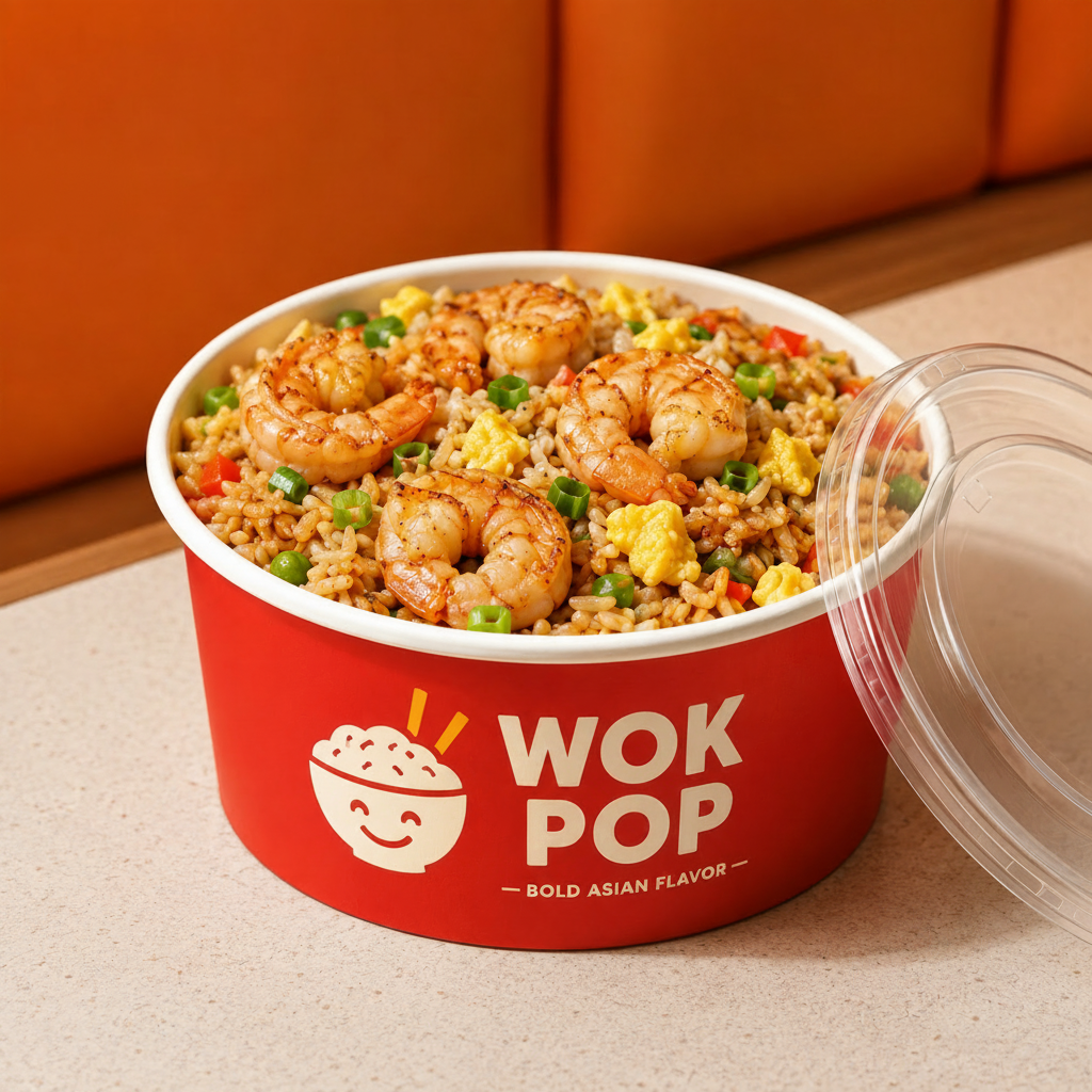 Custom white paper seafood bowl with logo print for hot food and takeout packaging