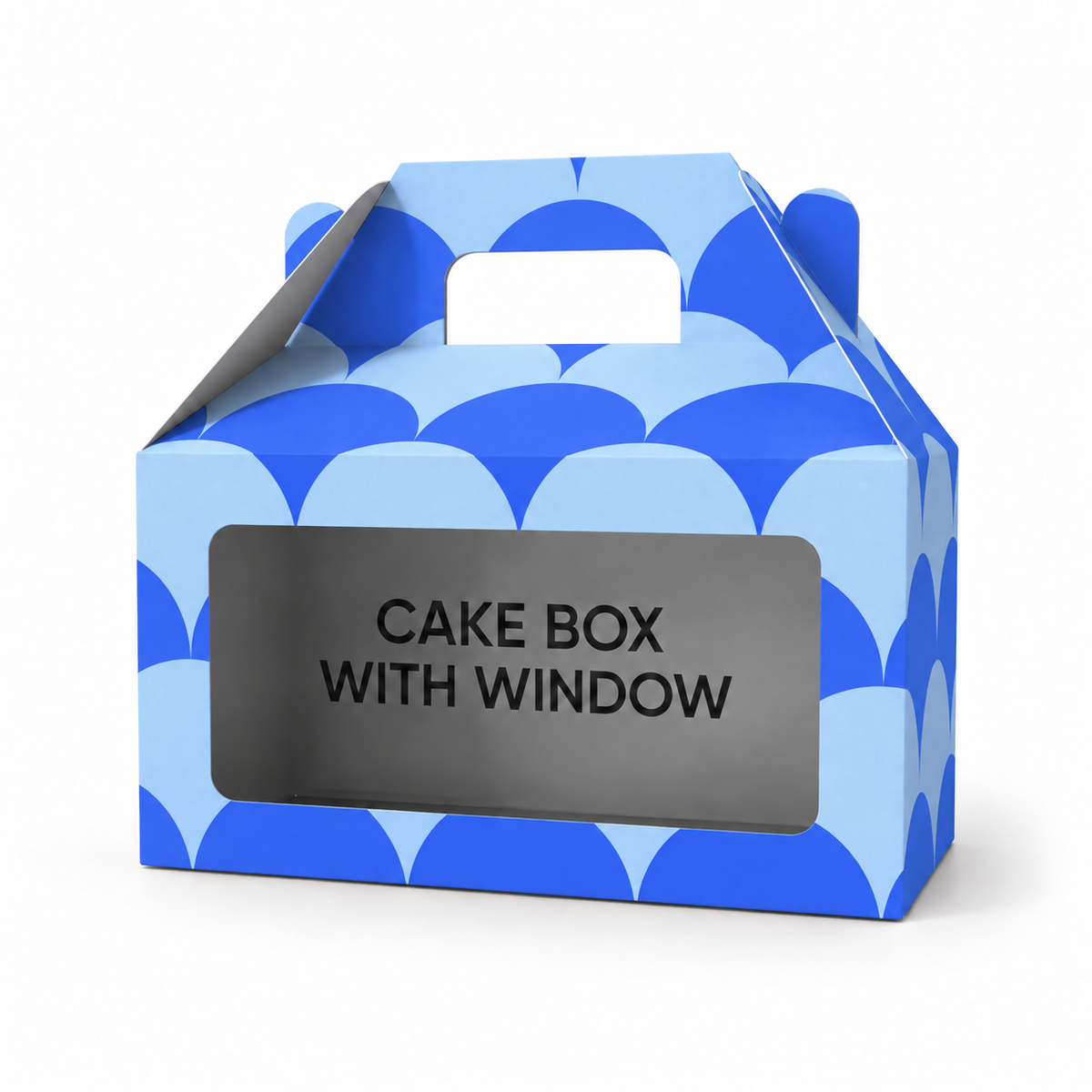 Custom printed gable cake box with a built-in handle and clear front display window.