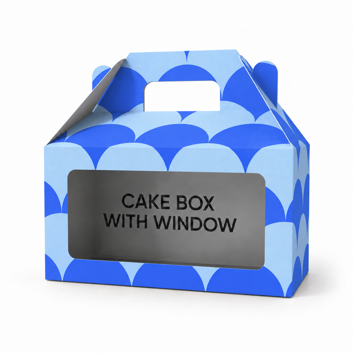 Custom printed gable cake box with a built-in handle and clear front display window.