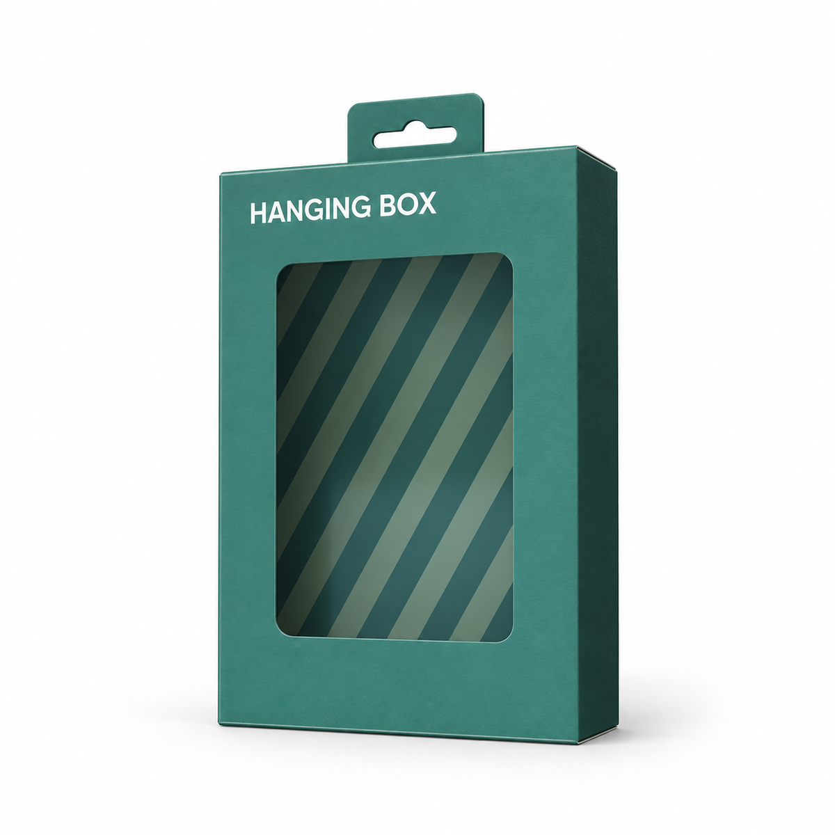 Custom green retail folding carton with a clear front display window and Euro-slot hang tab.