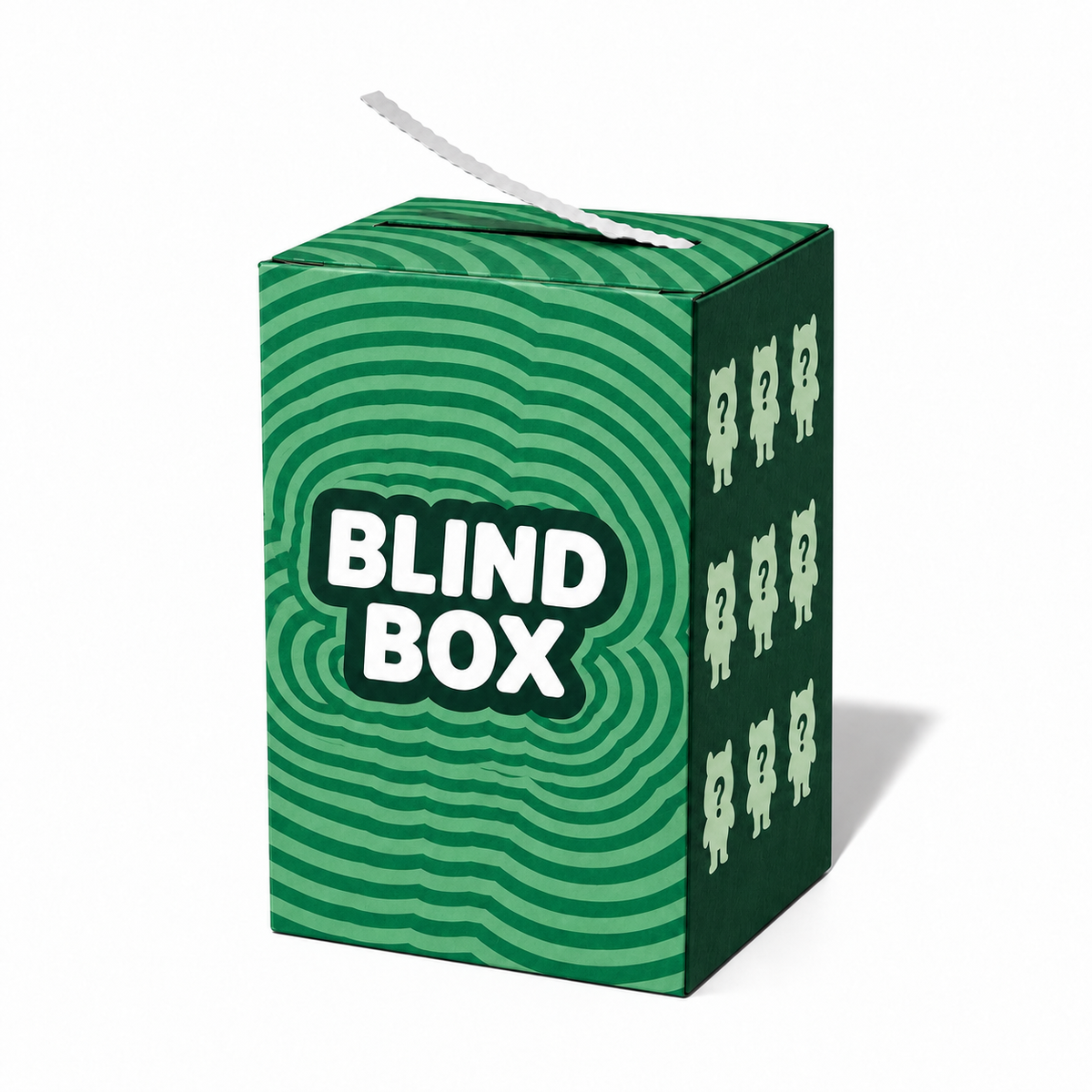 Custom printed blind box with a zipper-style pull tear strip opening across the top panel.