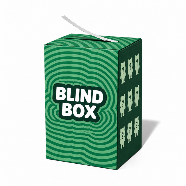 Custom printed blind box with a zipper-style pull tear strip opening across the top panel.