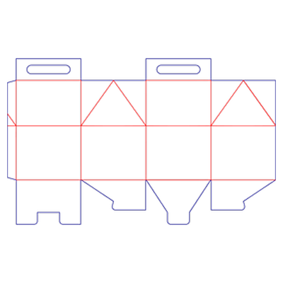 Dieline for a gable-top paperboard cake carrier with triangular roof panels and die-cut handles.