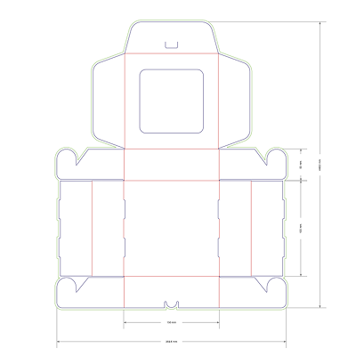 Dieline for a folding cake box with an attached hinged lid and clear top window opening.
