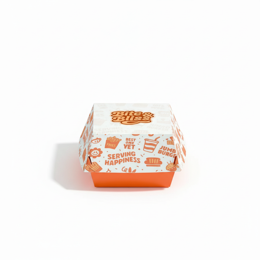 Fast food burger box with custom printed design, eco-friendly food safe paper burger packaging for takeout and delivery