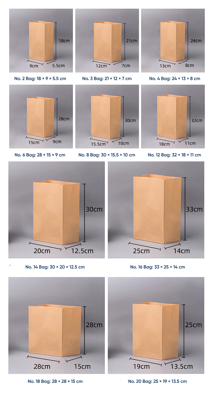 Kraft paper bag size chart showing 10 available sizes from No.2 (18×9×5.5cm) to No.20 (25×19×13.5cm) with dimensional measurements for food takeaway and delivery packaging