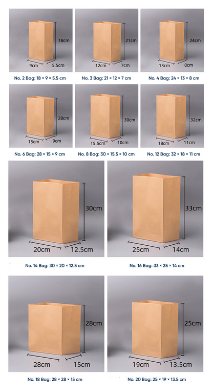 Kraft paper bag size chart showing 10 available sizes from No.2 (18×9×5.5cm) to No.20 (25×19×13.5cm) with dimensional measurements for food takeaway and delivery packaging