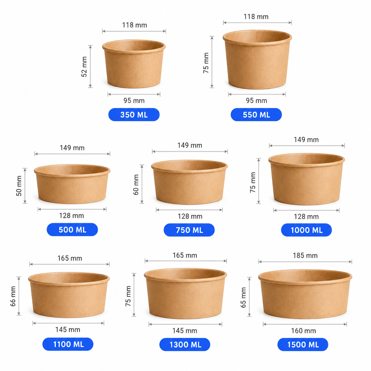 Kraft paper bowl size guide showing 350 ml to 1500 ml custom takeout bowl options