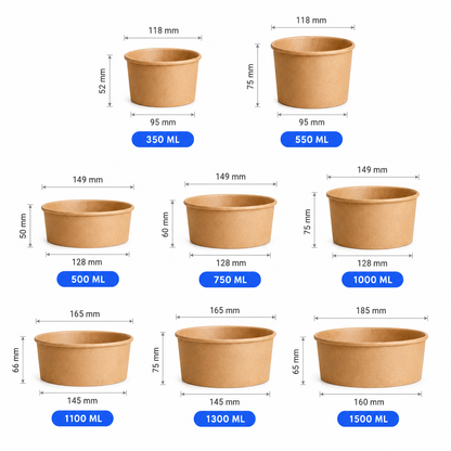 Kraft paper bowl size guide showing 350 ml to 1500 ml custom takeout bowl options