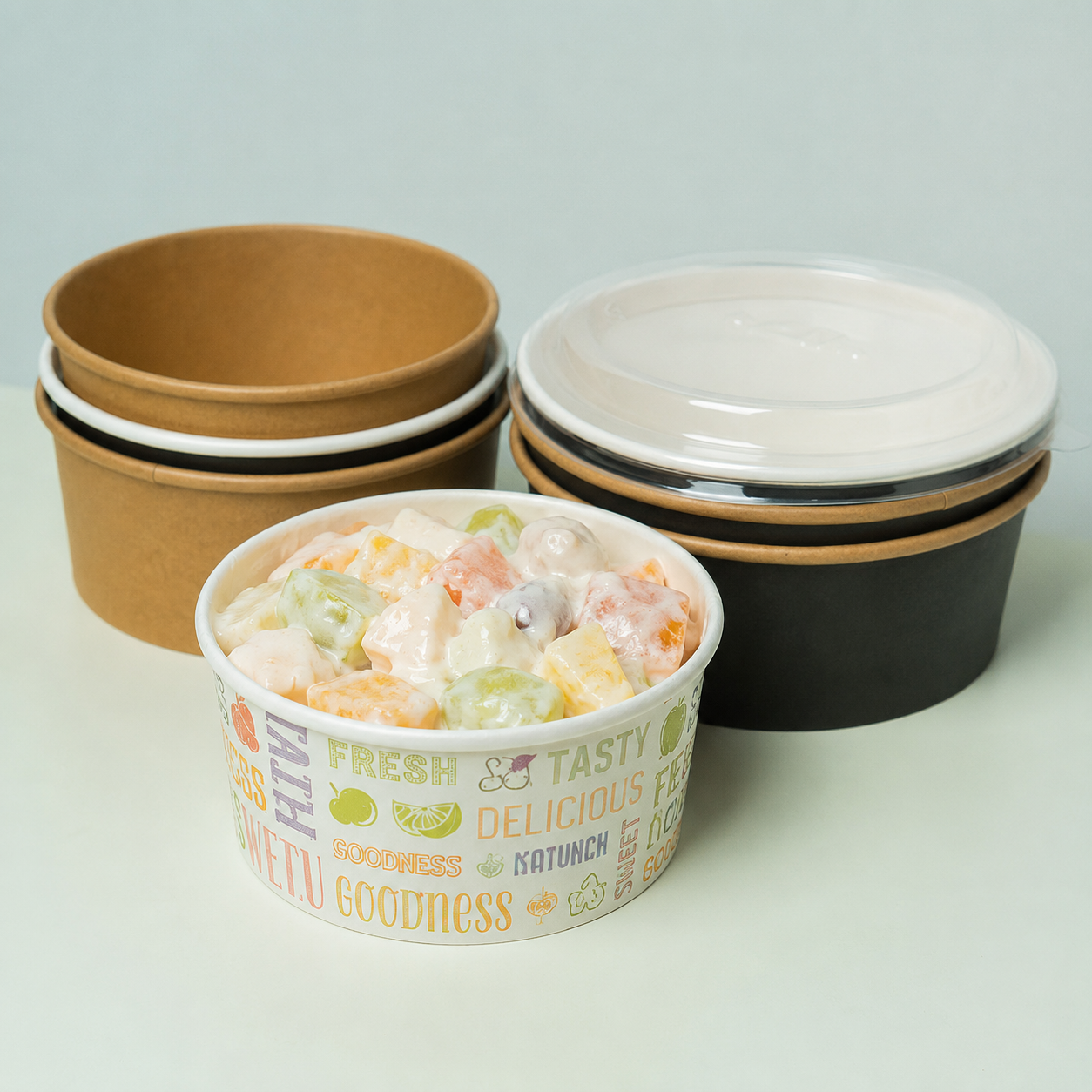 Kraft paper bowls with clear lids for custom takeout food packaging