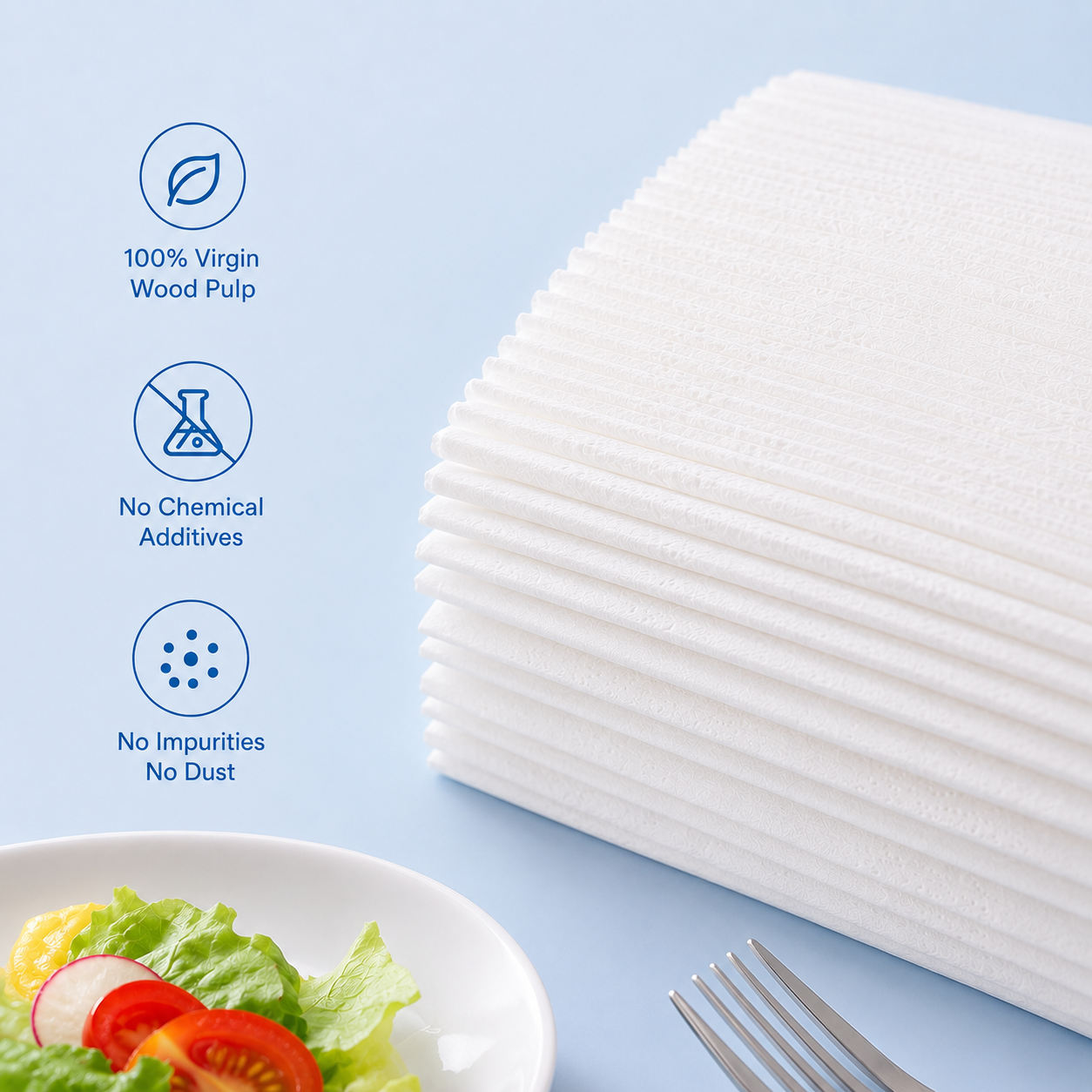 Custom logo napkins made from virgin wood pulp – food-safe, no chemical additives, no impurities