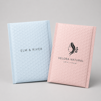 Pastel blue and pink custom matte bubble mailers with logo printing for boutique shipping packaging.