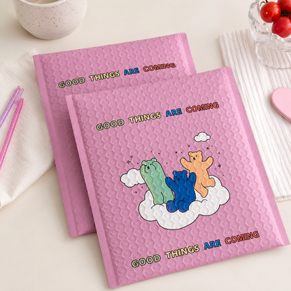 Pink custom printed bubble mailers with playful graphics, shown as padded shipping envelopes for retail orders.