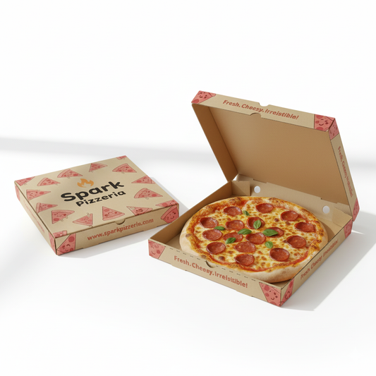Custom corrugated pizza box 3D structure view, food-grade eco-friendly pizza takeaway packaging